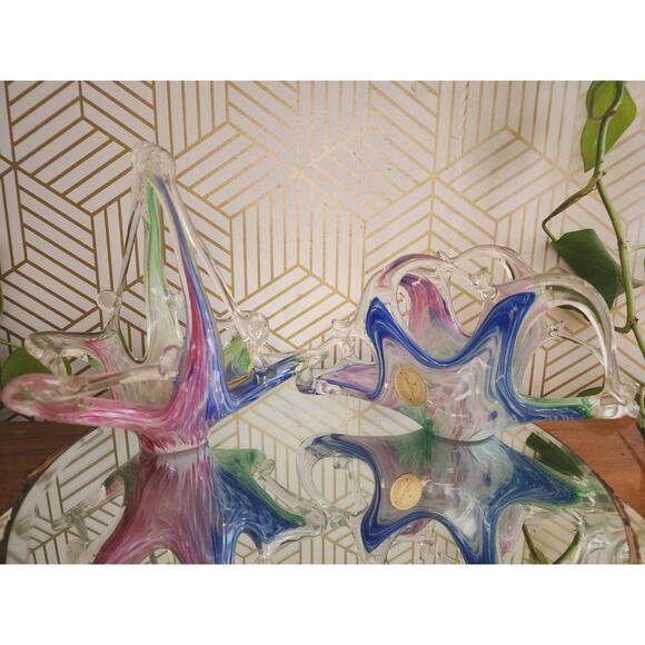 Vintage Murano Handblown Pastel Swirl Basket and Napkin Holder